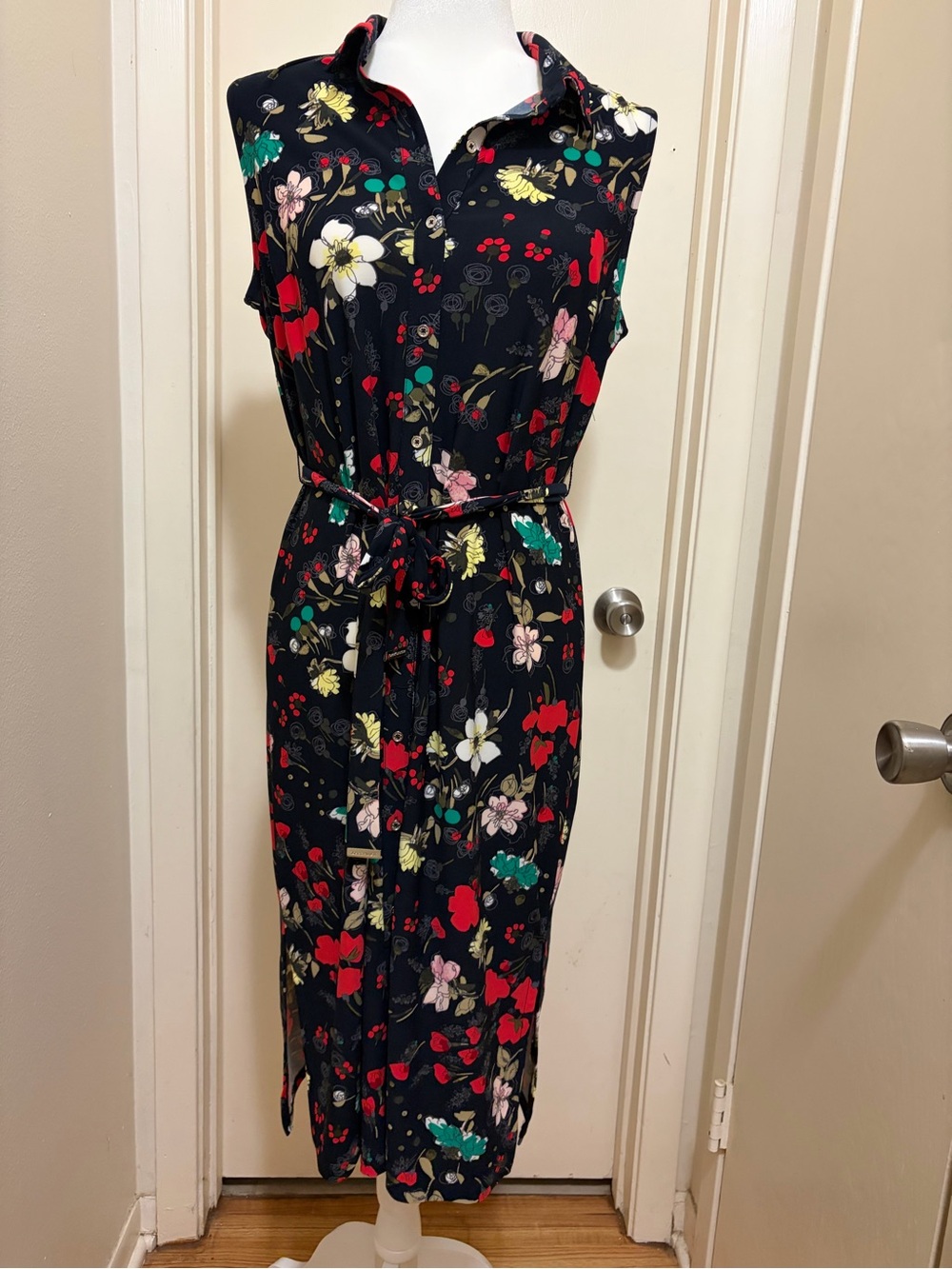 Sleeveless Navy Blue Floral Shirt Dress with Tie Waist